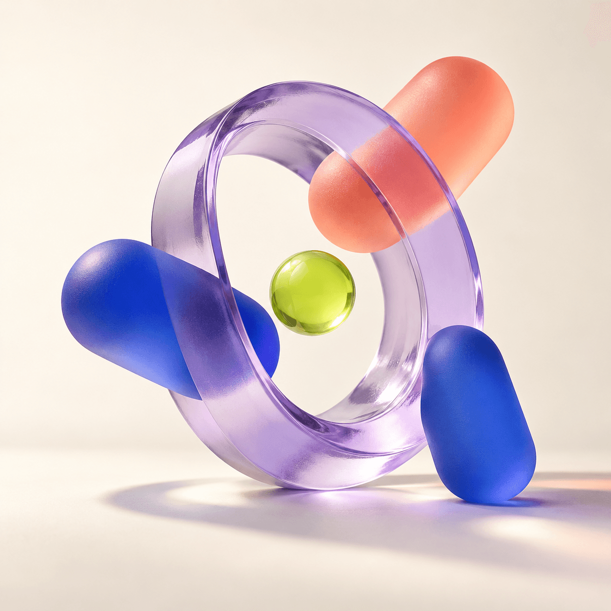 Lavender glass ring connecting cobalt and coral forms around a lime sphere