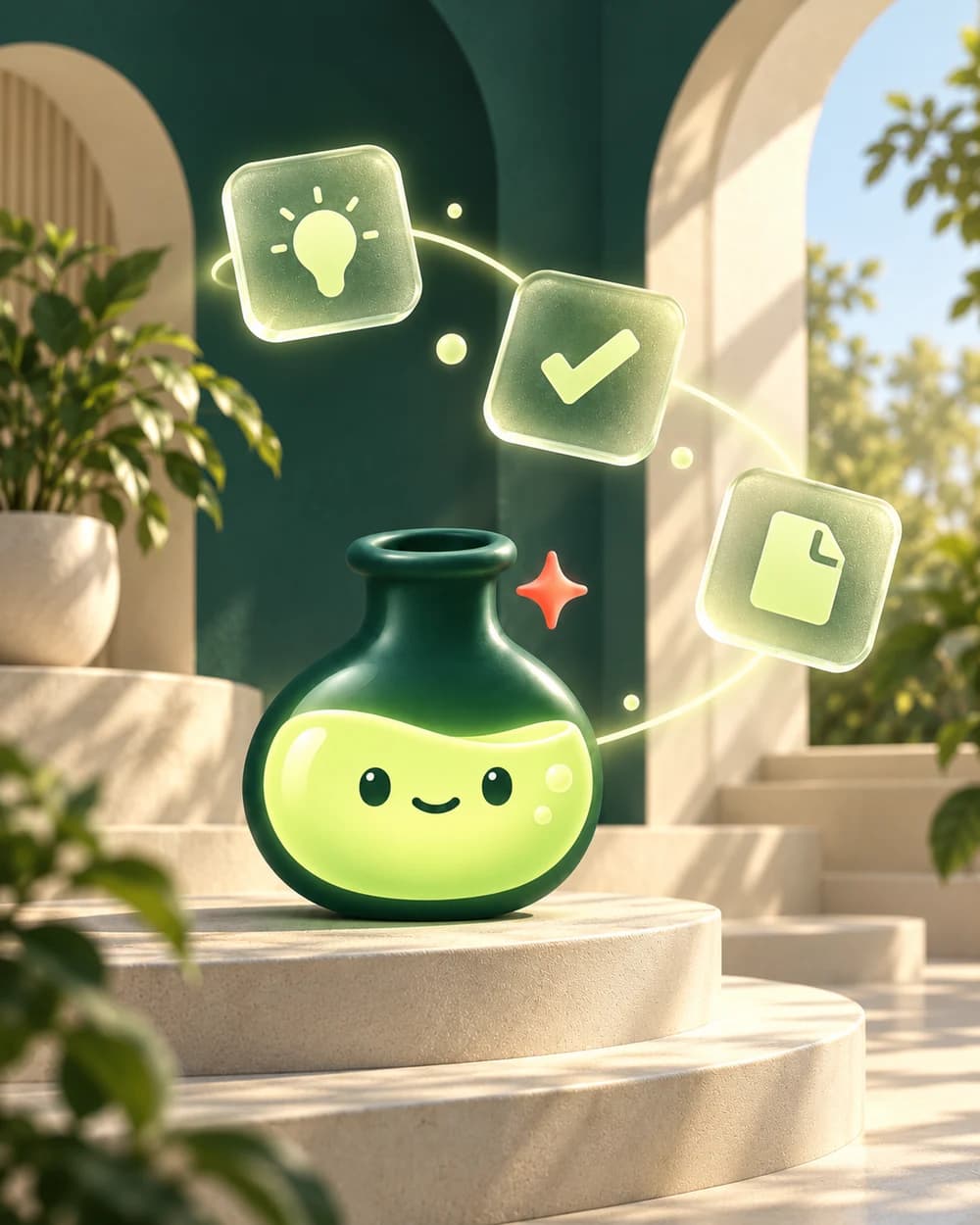 A smiling teal flask with lime liquid and a coral spark on an ivory stone pedestal, beneath floating glass symbols for an idea, a task and a document.