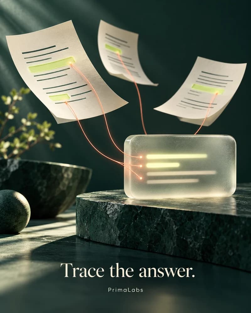Concept illustration: highlighted document passages connect to a frosted glass answer card. Trace the answer.